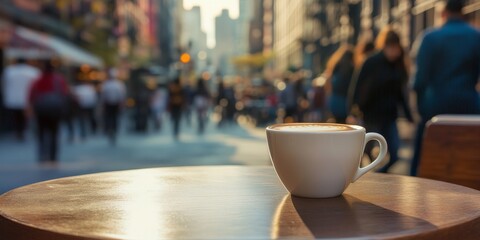 Wall Mural - a coffee cup on a cafe table, with busy downtown streets and pedestrians passing by