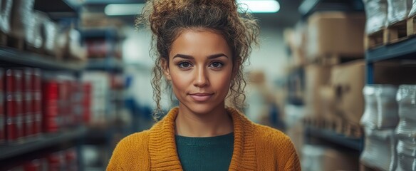 focused woman managing inventory with a digital tablet in a wellorganized warehouse surrounded by shelves filled with products the scene highlights efficiency and modern technology in logistics