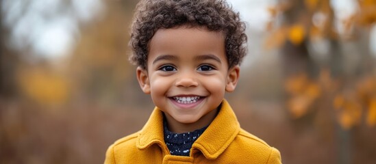 Wall Mural - Portrait of a happy young boy in a yellow coat, smiling with white teeth, against a blurred autumn background.