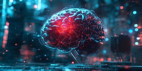 Poster - a glowing AI brain in a cyberpunk setting, with intricate neural networks, data streams, and futuristic tech aesthetics.