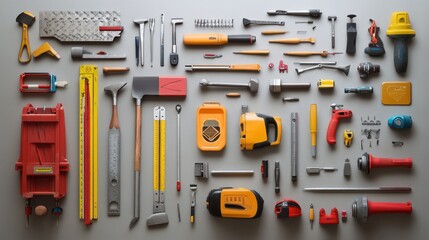 Poster - Various construction tools, from hammers and drills to measuring tapes and saws, neatly arranged, illustrating the essentials for any building or renovation project.