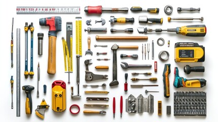 Poster - Various construction tools, from hammers and drills to measuring tapes and saws, neatly arranged, illustrating the essentials for any building or renovation project.