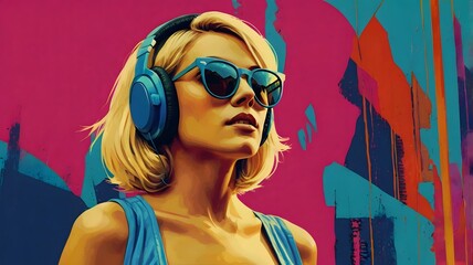 Wall Mural - A mesmerizing woman  wearing stylish rayban glasses and headphones to listen to music,Music day concept.