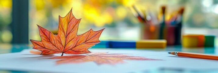 Child's Autumn Artwork, vibrant drawing of colorful fall leaves, soft focus on art supplies in the background, showcasing creativity and imagination