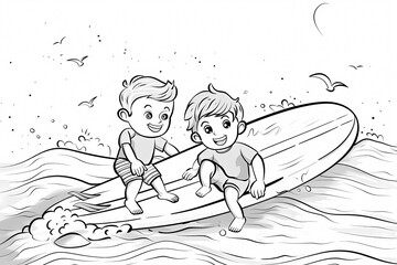 Two cheerful young boys happily surfing on a wave, enjoying a sunny day at the beach.