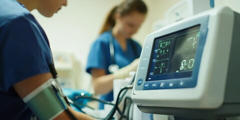 Wall Mural - a blood pressure monitor in use, with a nurse observing the patients vitals in the background.