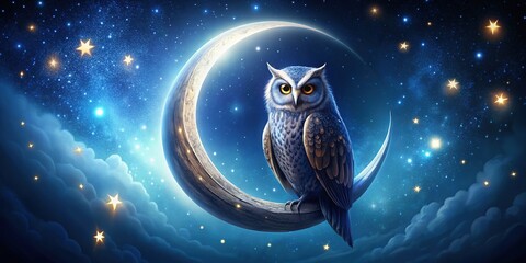 A stylized illustration of a nocturnal owl perched on a crescent moon, surrounded by stars, symbolizing wisdom, intuition, and quiet vigilance in the night.