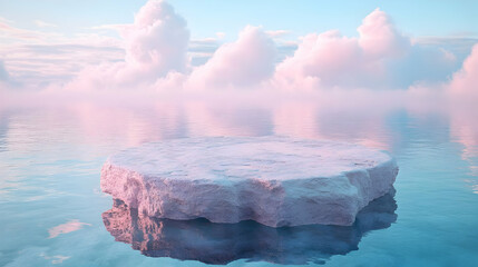 Poster - Stone Platform Floating on Calm Water with Pastel Clouds