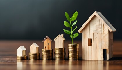 Wall Mural - Wooden houses and coins representing home investment and financial growth in real estate