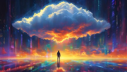 Wall Mural - Surreal encounter beneath a luminous cloud in a vivid futuristic landscape adorned with vibrant colors and digital artistry