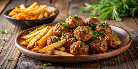 Wall Mural - A close-up of a plate of crispy fried meatball bites served with golden brown french fries, garnished with fresh herbs, all set against a rustic wooden background.