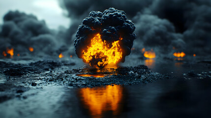 Canvas Print - Fiery Explosion with Smoke and Water Reflection