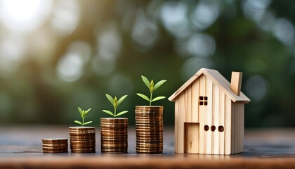 Wall Mural - Wooden houses and coins representing home investment and financial growth in real estate