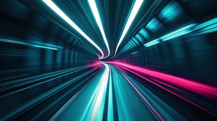 Poster - Vibrant teal and pink lights moving through a tunnel at light speed, capturing the abstract essence of space travel