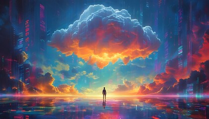 Wall Mural - Surreal encounter beneath a luminous cloud in a vivid futuristic landscape adorned with vibrant colors and digital artistry