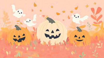 a simple pastel pumpkin patch with smiling jack-o-lanterns surrounded by little flying ghosts