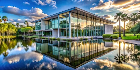 Contemporary art museum building with sleek glass and steel architecture, surrounded by lush greenery and a tranquil pond in Tampa, Florida.