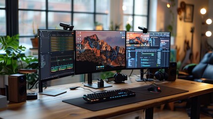 Modern Home Office Setup with Triple Monitors