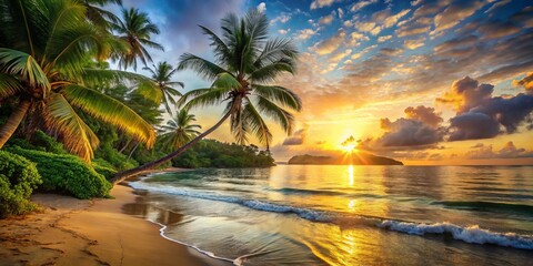 Peaceful Beach Sunrise is painted with warm golden light reflecting off the calm sea and illuminating the serene tropical island landscape dotted with swaying palm trees and lush greenery.