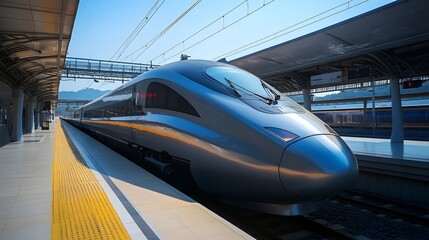 A close up photograph showcasing the sleek aerodynamic design of a high speed train as it approaches a station with a clear blue sky in the background