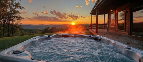 Wall Mural - A hot tub with steaming water sits on a deck overlooking a mountain range at sunset.