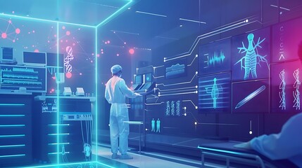 Poster - Doctor in a futuristic medical lab uses advanced technology for diagnosis and treatment.