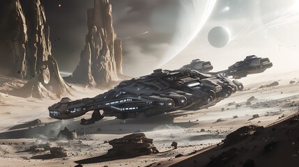 Wall Mural - futuristic spaceship lands on a desolate desert planet, surrounded by towering rock formations and a