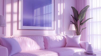 Wall Mural - A pink living room with a couch, a plant, a lamp, and a framed picture.