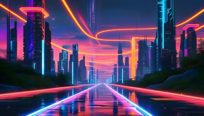 Wall Mural - Neon-Lit Futuristic Cityscape Showcasing Advanced Technology and Innovation with a Glowing Path