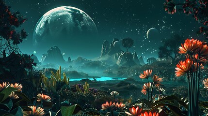 Wall Mural - digital painting of a surreal landscape, featuring a large moon, a starry night sky, and lush flora.