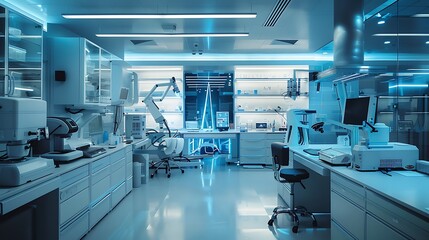 Poster - Modern laboratory space with white walls and stainless steel equipment.
