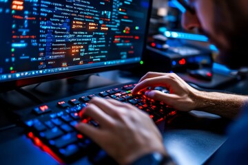 Hacker using a digital brute force tool, showing hundreds of password attempts rapidly testing combinations on a secure system