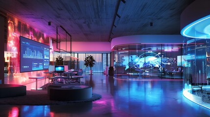Poster - Futuristic office interior with interactive digital screens displaying network data visualizations, modern design elements, neon lighting and a dynamic, high-tech feel.