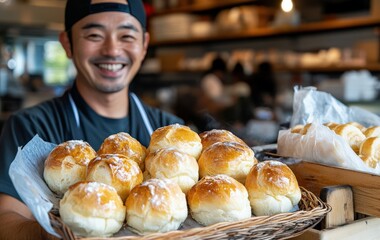 居心地の良いパン屋で、笑顔のパン職人が焼きたての伝統的な日本のロールパンを披露している。