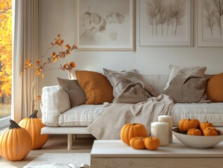 Canvas Print - Cozy living room with sofa and pumpkins