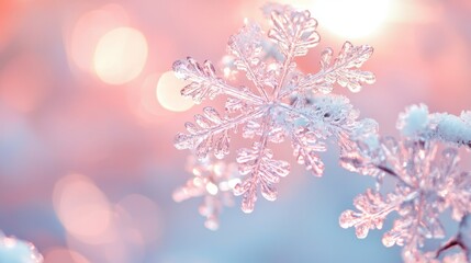 Poster - Winter snowflakes glowing on a pastel backdrop, showcasing the beauty of ice crystals and the festive spirit of the season