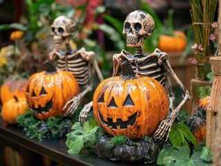 Poster - Halloween decorations featuring pumpkins and skeletons for home decor