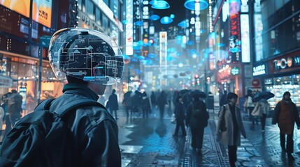 Poster - Person wearing augmented reality glasses walks through a futuristic city at night. The city is lit up with neon lights and there are people walking around.