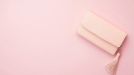 A lady wallet in soft beige with a tassel pull, isolated on a pastel pink background