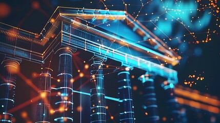 Poster - Digital rendering of a modern building with columns, illuminated with glowing lines and dots, representing the interconnectedness of technology and innovation.