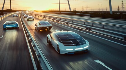 Wall Mural - Futuristic solar-powered cars driving down a highway at sunset, representing a sustainable future of transportation