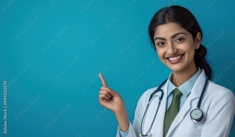 Beautiful young Indian female doctor smiling and pointing to the side ...