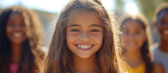 A young girl with long brown hair smiles brightly at the camera, with two other girls blurred in the background.