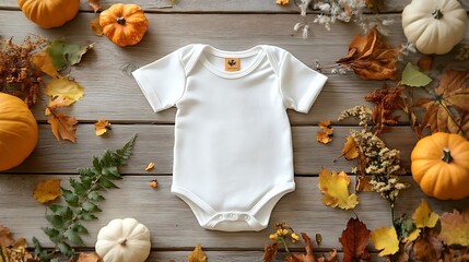 Wall Mural -  White baby bodysuit mock-up, Halloween-themed, on a wooden background design 