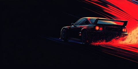 illustration of a car driving fast on the road at night with a red light silhouette with copy space for wallpaper advertising poster banner design