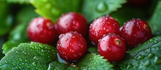 Sticker - Close-up of red berries with water droplets on green leaves.