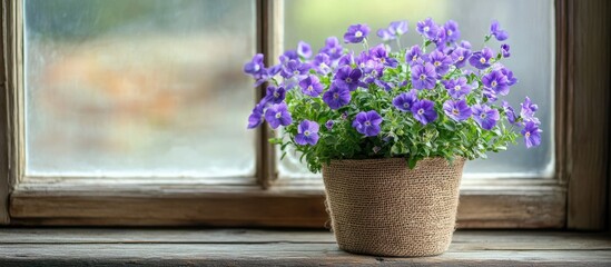 Wall Mural - Potted purple flowers on a windowsill.