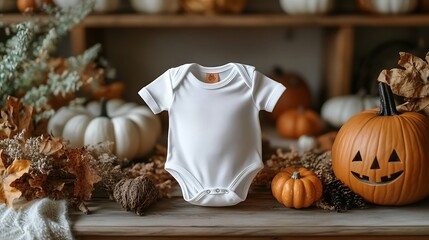 Wall Mural -  White baby bodysuit mock-up, Halloween-themed, on a wooden background design 