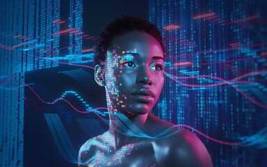 A photo of a striking hologram of a Black woman's face composed of vibrant digital pixels that dynamically shift and shimmer against a
backdrop of glowing digital data streams