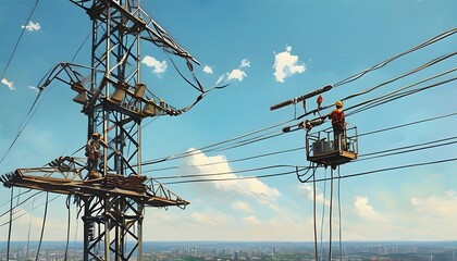 Wall Mural - Linemen operating boom lifts on high voltage transmission towers with cranes assisting in maintenance and repairs